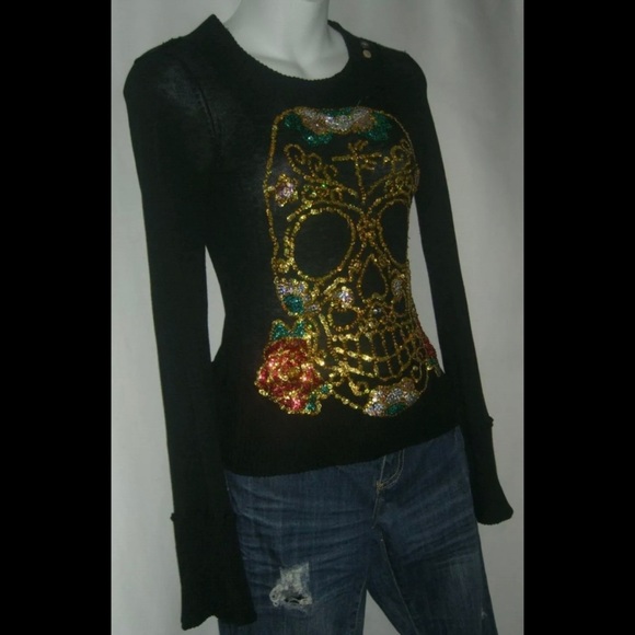 Joystick By Johnny Was Black Silk Skull Roses Cross Sequin Sweater JWLA Biya XS - Picture 2 of 11